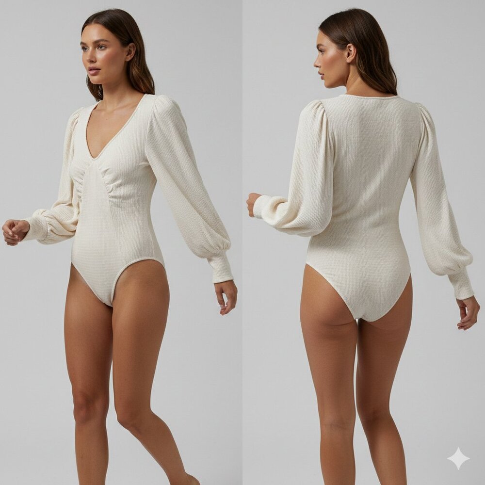 PROMESA Long Bishop Sleeve Body Suit V-Neck Waffle Knit Ivory Women L - Picture 2 of 12